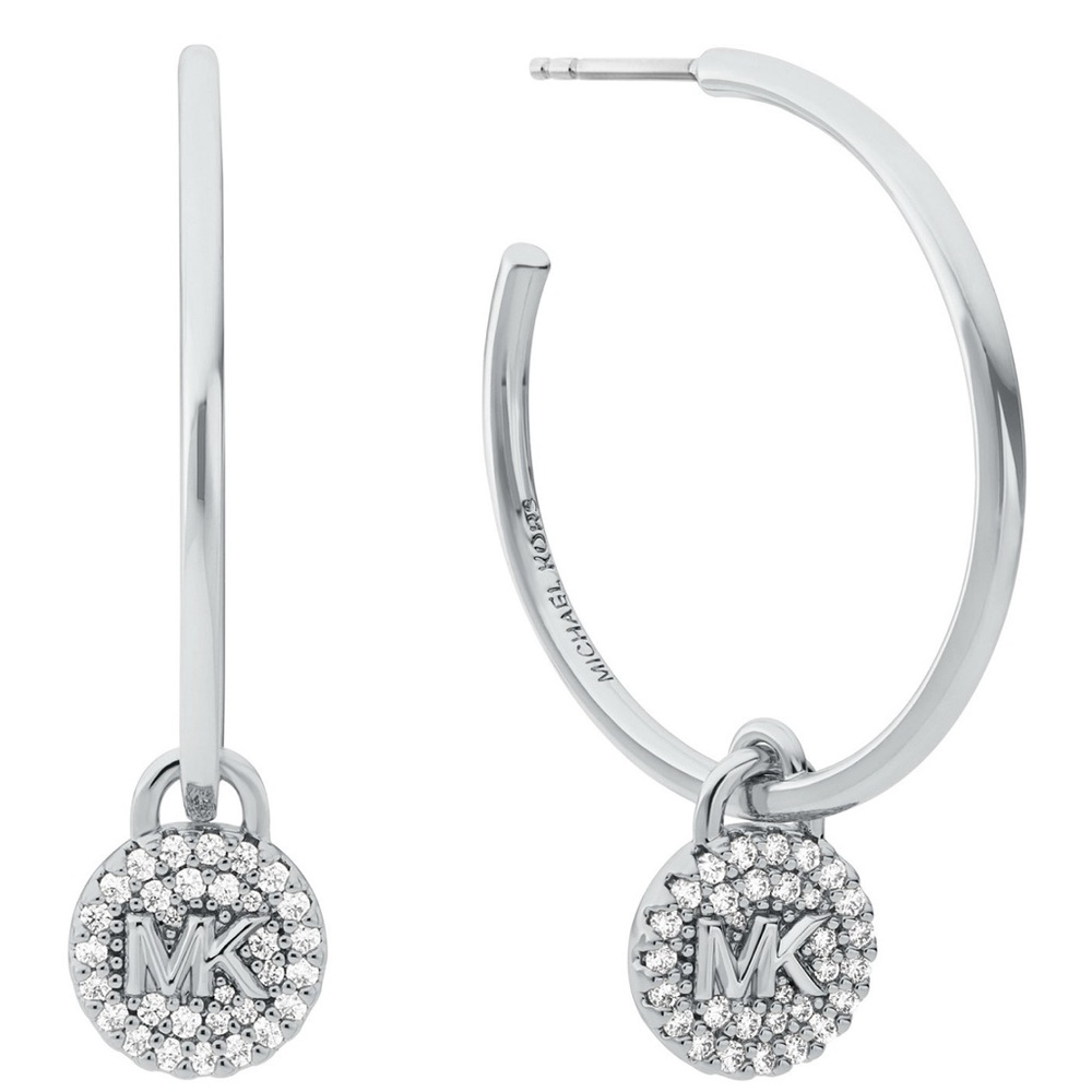 Michael Kors Platinum Plated Brass Cubic Zirconia Pave Charm Hoop Earrings
